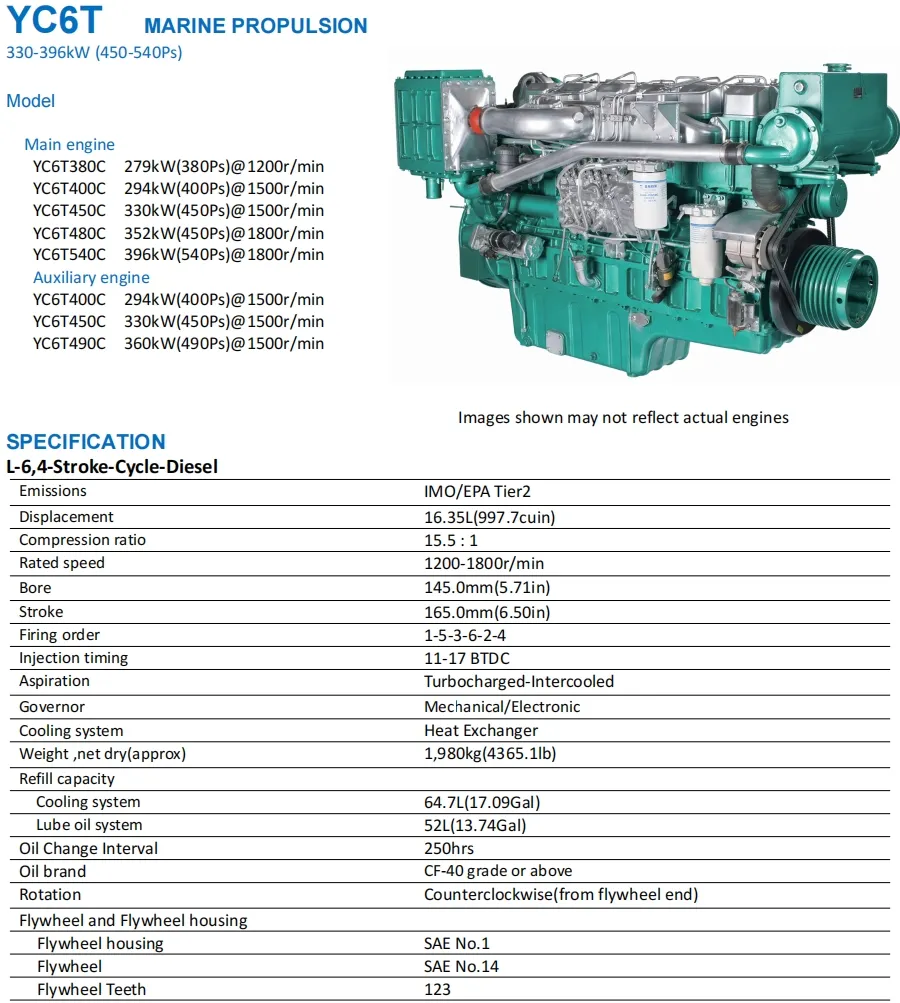 玉柴船用发动机，YC6T480C，1800rpm，480HP，机械燃油喷射泵