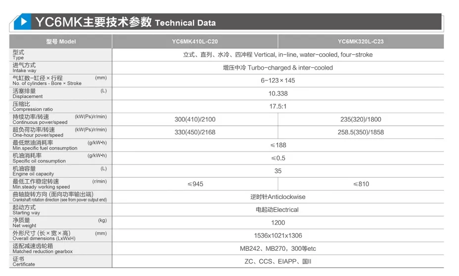 中国玉柴船用发动机YC6MK,高效船舶柴油发动机260/280/300/320/330/350/410HP,1500rpm/1800rpm/2100rpm